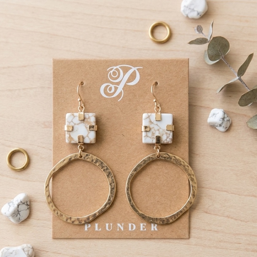Plunder Gold Hoop Earrings with White Marble Accent